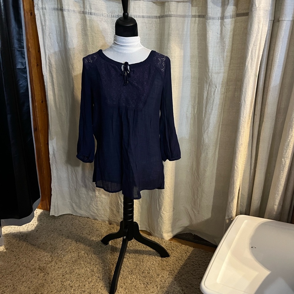 Dressbarn Deep Blue Blouse with Lace Accents